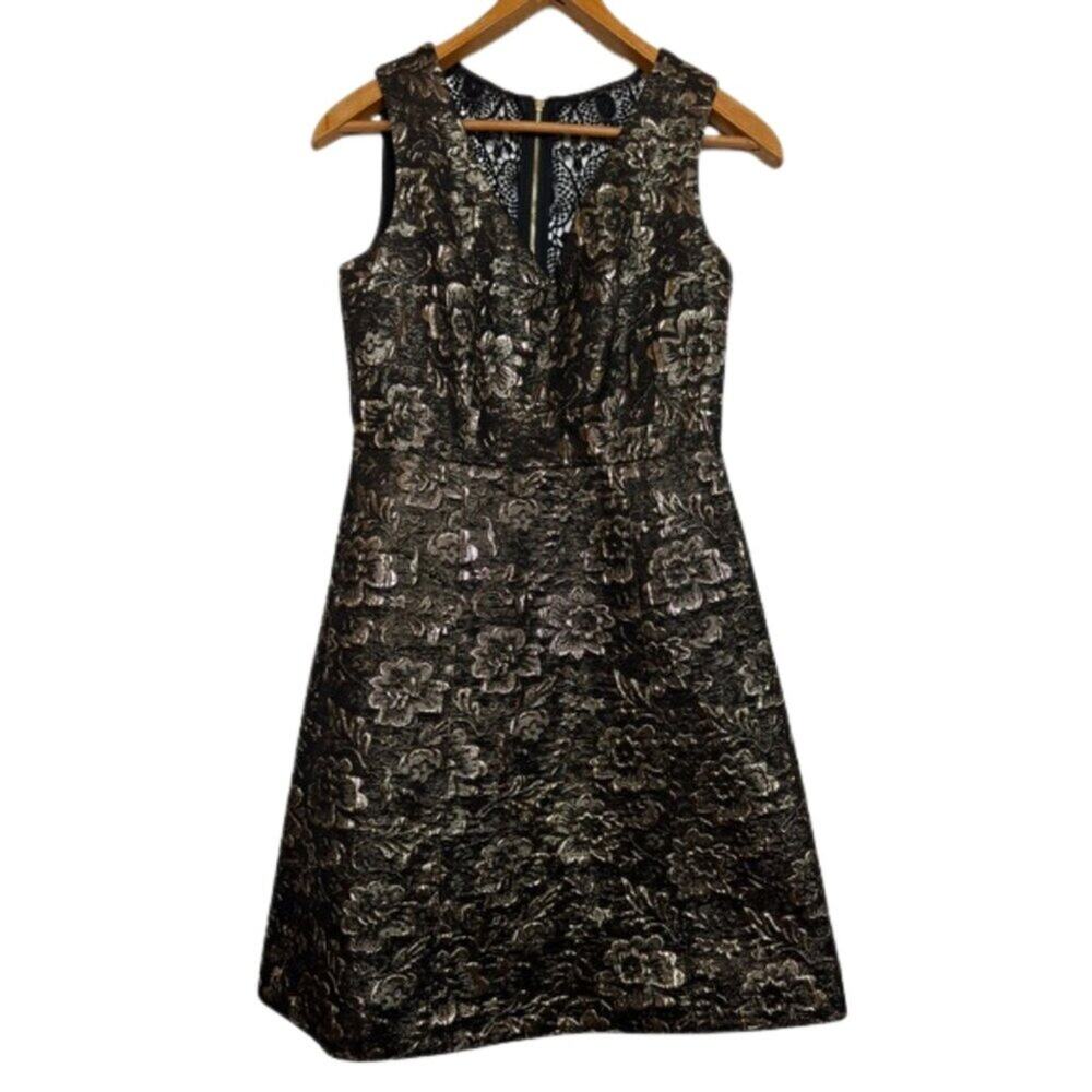 Nicole Miller Brocade Cocktail Dress 2 Black Gold Metallic Lace Fit Flare Party